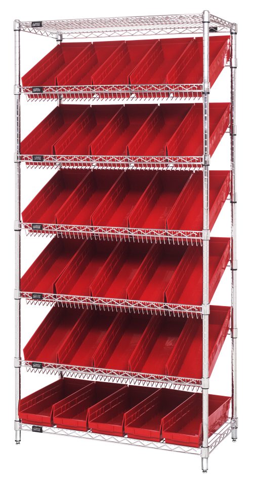The Quantum Bin Systems Unit, measuring 36W x 18D x 74H, features a stationary design with four posts and a chrome finish. It includes two flat and five slanted wire shelves for easy access to the 30 red bins (17-7/8W x 6-5/8D x 4H), all against a white backdrop.