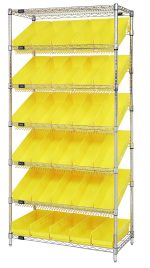 The Quantum Bin Systems Unit measures 36W x 18D x 74H, featuring a chrome-plated open frame with four posts. It includes two flat and five slanted wire shelves with thirty yellow bins (17-7/8W x 6-5/8D x 4H). Ideal for organizing stationery or other items. Shipped KD, NSF approved.