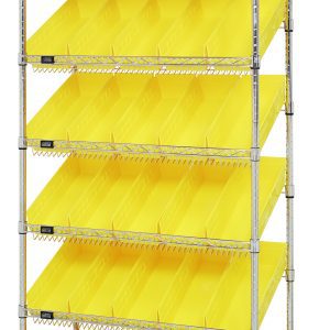 The Quantum Bin Systems Unit measures 36W x 18D x 74H, featuring a chrome-plated open frame with four posts. It includes two flat and five slanted wire shelves with thirty yellow bins (17-7/8W x 6-5/8D x 4H). Ideal for organizing stationery or other items. Shipped KD, NSF approved.