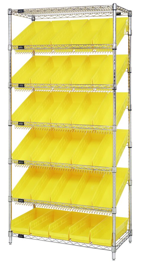 The Quantum Bin Systems Unit measures 36W x 18D x 74H, featuring a chrome-plated open frame with four posts. It includes two flat and five slanted wire shelves with thirty yellow bins (17-7/8W x 6-5/8D x 4H). Ideal for organizing stationery or other items. Shipped KD, NSF approved.