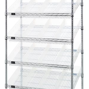 The Quantum Bin Systems Unit features a chrome-plated, minimalist design with (2) flat and (5) slanted wire shelves on four posts. It measures 36W x 18D x 74H and includes (24) clear bins. Ideal for easy access storage or display, this stationary unit ships knocked down.