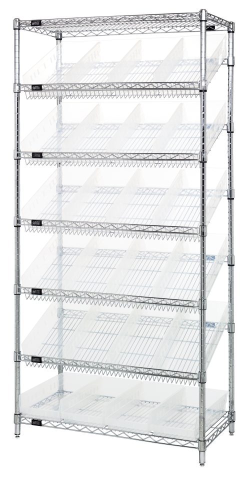 MWRS-7 108 Clear 1 The Quantum Bin Systems Unit features a chrome-plated, minimalist design with (2) flat and (5) slanted wire shelves on four posts. It measures 36W x 18D x 74H and includes (24) clear bins. Ideal for easy access storage or display, this stationary unit ships knocked down.
