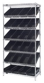 The Quantum Bin Systems Unit features five slanted wire shelves and two flat ones for optimal storage. Measuring 36W x 18D x 74H, it includes four posts, a chrome-plated finish, and twenty-four black bins (QSB108), offering durability and visibility. Shipped KD with NSF certification.