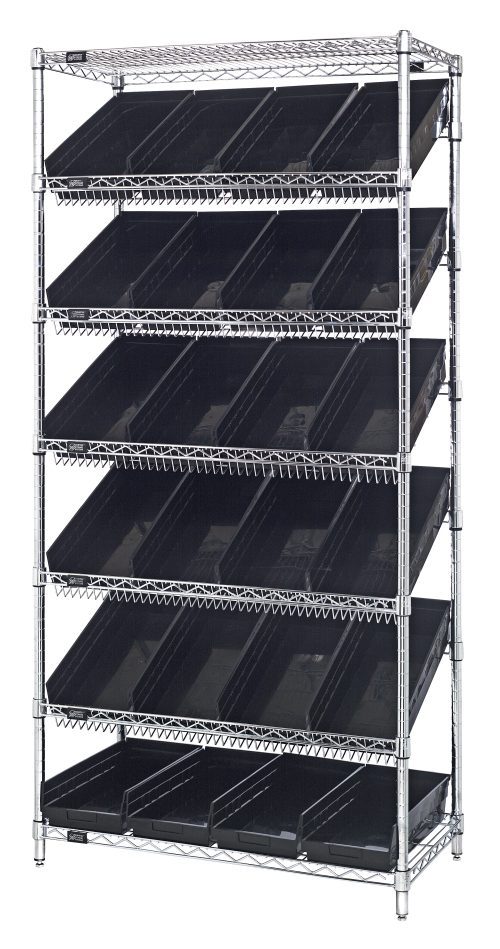 MWRS-7 108 Black 2 The Quantum Bin Systems Unit features five slanted wire shelves and two flat ones for optimal storage. Measuring 36W x 18D x 74H, it includes four posts, a chrome-plated finish, and twenty-four black bins (QSB108), offering durability and visibility. Shipped KD with NSF certification.