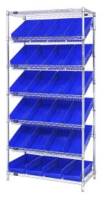 The Quantum Bin Systems Unit includes two flat and five slanted wire shelves with 24 large blue bins, supported by four posts. The 36W x 18D x 74H unit features a chrome-plated finish and is shipped KD.