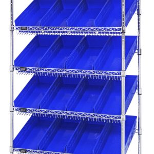 The Quantum Bin Systems Unit includes two flat and five slanted wire shelves with 24 large blue bins, supported by four posts. The 36W x 18D x 74H unit features a chrome-plated finish and is shipped KD.