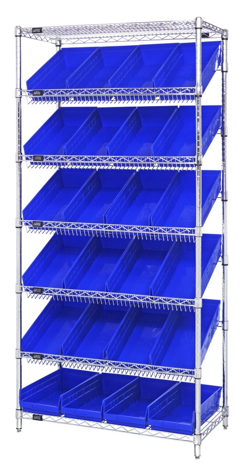 MWRS-7 108 Blue The Quantum Bin Systems Unit includes two flat and five slanted wire shelves with 24 large blue bins, supported by four posts. The 36W x 18D x 74H unit features a chrome-plated finish and is shipped KD.