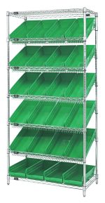 The Quantum Bin Systems Unit is a 36W x 18D x 74H stationary shelving unit with chrome-plated finish, featuring (5) slanted and (2) flat wire shelves. It includes (24) green bins for easy organization, supported by sturdy posts and perfect for NSF-compliant storage.