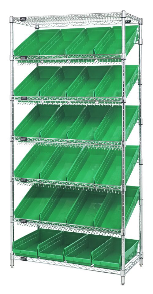 The Quantum Bin Systems Unit is a 36W x 18D x 74H stationary shelving unit with chrome-plated finish, featuring (5) slanted and (2) flat wire shelves. It includes (24) green bins for easy organization, supported by sturdy posts and perfect for NSF-compliant storage.