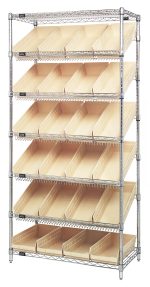 The Quantum Bin Systems Unit is a stationary metal shelving unit measuring 36W x 18D x 74H. It includes two flat wire shelves, five slanted wire shelves, four posts, and twenty-four ivory bins (QSB108), all with a chrome-plated finish for versatile and efficient organization.