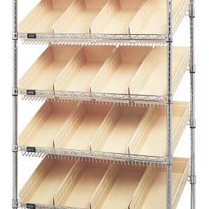 The Quantum Bin Systems Unit is a stationary metal shelving unit measuring 36W x 18D x 74H. It includes two flat wire shelves, five slanted wire shelves, four posts, and twenty-four ivory bins (QSB108), all with a chrome-plated finish for versatile and efficient organization.