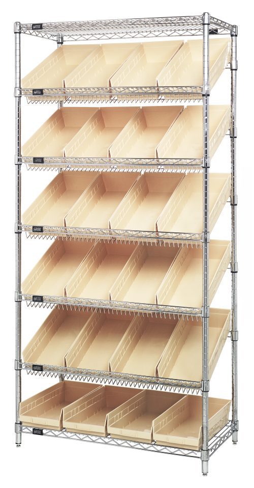 MWRS-7 108 Ivory 2 The Quantum Bin Systems Unit is a stationary metal shelving unit measuring 36W x 18D x 74H. It includes two flat wire shelves, five slanted wire shelves, four posts, and twenty-four ivory bins (QSB108), all with a chrome-plated finish for versatile and efficient organization.