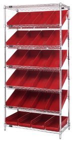 The Quantum Bin Systems Unit, measuring 36W x 18D x 74H, includes five slanted wire shelves with red Qsb108 plastic bins angled forward for easy access. Supported by four posts and featuring a chrome-plated finish, this stationary unit is shipped KD with a clean appearance.