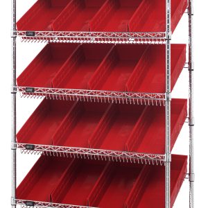 The Quantum Bin Systems Unit, measuring 36W x 18D x 74H, includes five slanted wire shelves with red Qsb108 plastic bins angled forward for easy access. Supported by four posts and featuring a chrome-plated finish, this stationary unit is shipped KD with a clean appearance.