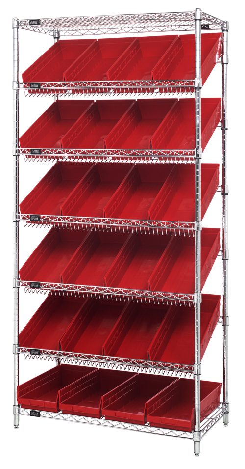 MWRS-7 108 Red The Quantum Bin Systems Unit, measuring 36W x 18D x 74H, includes five slanted wire shelves with red Qsb108 plastic bins angled forward for easy access. Supported by four posts and featuring a chrome-plated finish, this stationary unit is shipped KD with a clean appearance.