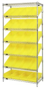 The Quantum Bin Systems Unit is stationary, measuring 36W x 18D x 74H, and includes two flat wire shelves, five slanted wire shelves supported by chrome-plated posts, and comes with 24 bright yellow bins (QSB108) designed for easy organization and access.