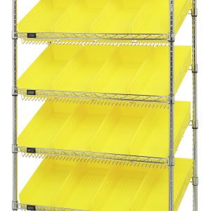 The Quantum Bin Systems Unit is stationary, measuring 36W x 18D x 74H, and includes two flat wire shelves, five slanted wire shelves supported by chrome-plated posts, and comes with 24 bright yellow bins (QSB108) designed for easy organization and access.