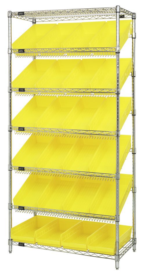 MWRS-7 108 Yellow 1 The Quantum Bin Systems Unit is stationary, measuring 36W x 18D x 74H, and includes two flat wire shelves, five slanted wire shelves supported by chrome-plated posts, and comes with 24 bright yellow bins (QSB108) designed for easy organization and access.