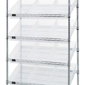 A tall Quantum Bin Systems shelving unit measures 36W x 18D x 74H with two flat and five slanted wire shelves, all empty. The chrome-plated frame includes four posts, and the unit comes with clear bins but is shipped Kd.