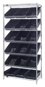 The Quantum Bin Systems Unit is a chrome-plated metal rack with two flat and five slanted wire shelves, creating eight sections with 18 black bins. Sized at 36W x 18D x 74H, it offers stylish organization for documents or materials against a white backdrop, ensuring easy stationery access.