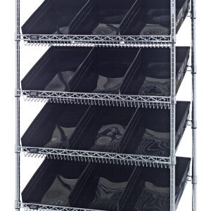 The Quantum Bin Systems Unit is a chrome-plated metal rack with two flat and five slanted wire shelves, creating eight sections with 18 black bins. Sized at 36W x 18D x 74H, it offers stylish organization for documents or materials against a white backdrop, ensuring easy stationery access.