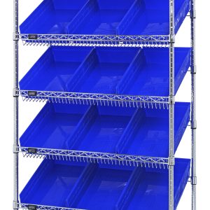 The Quantum Bin Systems Unit, 36W x 18D x 74H, includes two flat and five slanted wire shelves with a chrome-plated finish. It features four sturdy posts and eighteen 17-7/8W x 11-1/8D x 4H blue bins (Qsb110), making it ideal for efficient item organization.