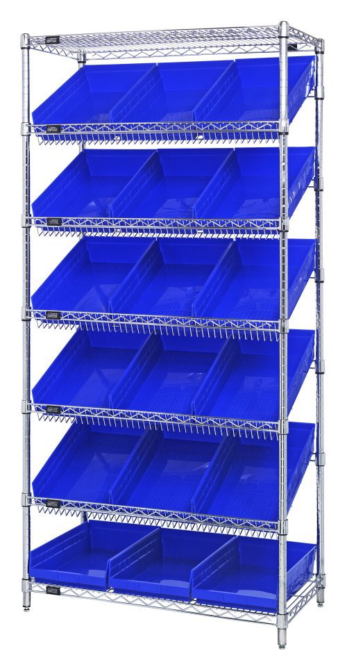 The Quantum Bin Systems Unit, 36W x 18D x 74H, includes two flat and five slanted wire shelves with a chrome-plated finish. It features four sturdy posts and eighteen 17-7/8W x 11-1/8D x 4H blue bins (Qsb110), making it ideal for efficient item organization.