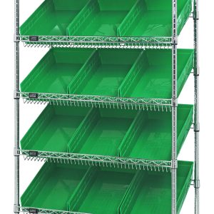 The Quantum Bin Systems Unit, measuring 36W x 18D x 74H, includes five slanted wire shelves, two flat wire shelves, four posts, and eighteen green bins (QSB110). It features a chrome-plated finish and is NSF certified for efficient organization and industrial style. Shipped KD.