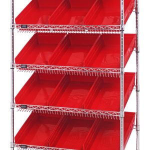 The Quantum Bin Systems Unit is a stationary metal shelving unit with chrome-plated finish, featuring 5 slanted wire shelves and 2 flat wire shelves supported by 4 posts. It measures 36W x 18D x 74H and includes 18 accessible red bins (QSB110), each measuring 17-7/8W x 11-1/8D x 4H.