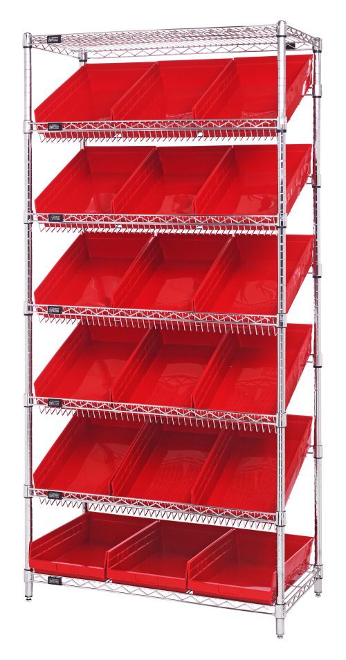 The Quantum Bin Systems Unit is a stationary metal shelving unit with chrome-plated finish, featuring 5 slanted wire shelves and 2 flat wire shelves supported by 4 posts. It measures 36W x 18D x 74H and includes 18 accessible red bins (QSB110), each measuring 17-7/8W x 11-1/8D x 4H.