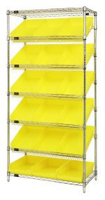 The Quantum Bin Systems Unit is a 36W x 18D x 74H stationary organizer with a chrome-plated finish. It features four posts, two flat and five slanted wire shelves, and includes 18 yellow bins (QSB110), ideal for stylishly displaying items on an open industrial frame.