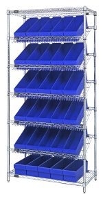 The Quantum Bin Systems Unit, 36W X 18D X 74H, with chrome-plated finish features two flat and five slanted wire shelves, includes 30 blue bins (Qed602) for organized storage. Ideal for dry storage applications in warehouses, garages, or storage rooms.