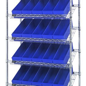 The Quantum Bin Systems Unit, 36W X 18D X 74H, with chrome-plated finish features two flat and five slanted wire shelves, includes 30 blue bins (Qed602) for organized storage. Ideal for dry storage applications in warehouses, garages, or storage rooms.