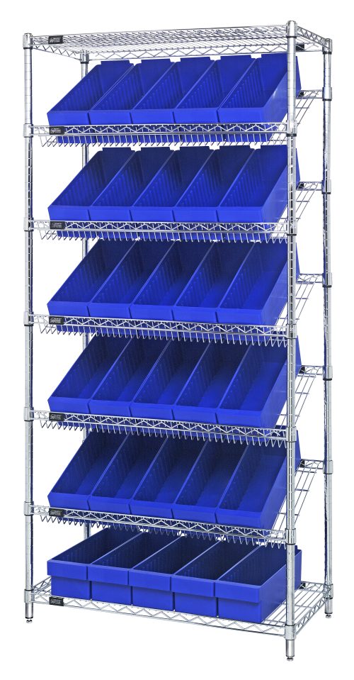 The Quantum Bin Systems Unit, 36W X 18D X 74H, with chrome-plated finish features two flat and five slanted wire shelves, includes 30 blue bins (Qed602) for organized storage. Ideal for dry storage applications in warehouses, garages, or storage rooms.