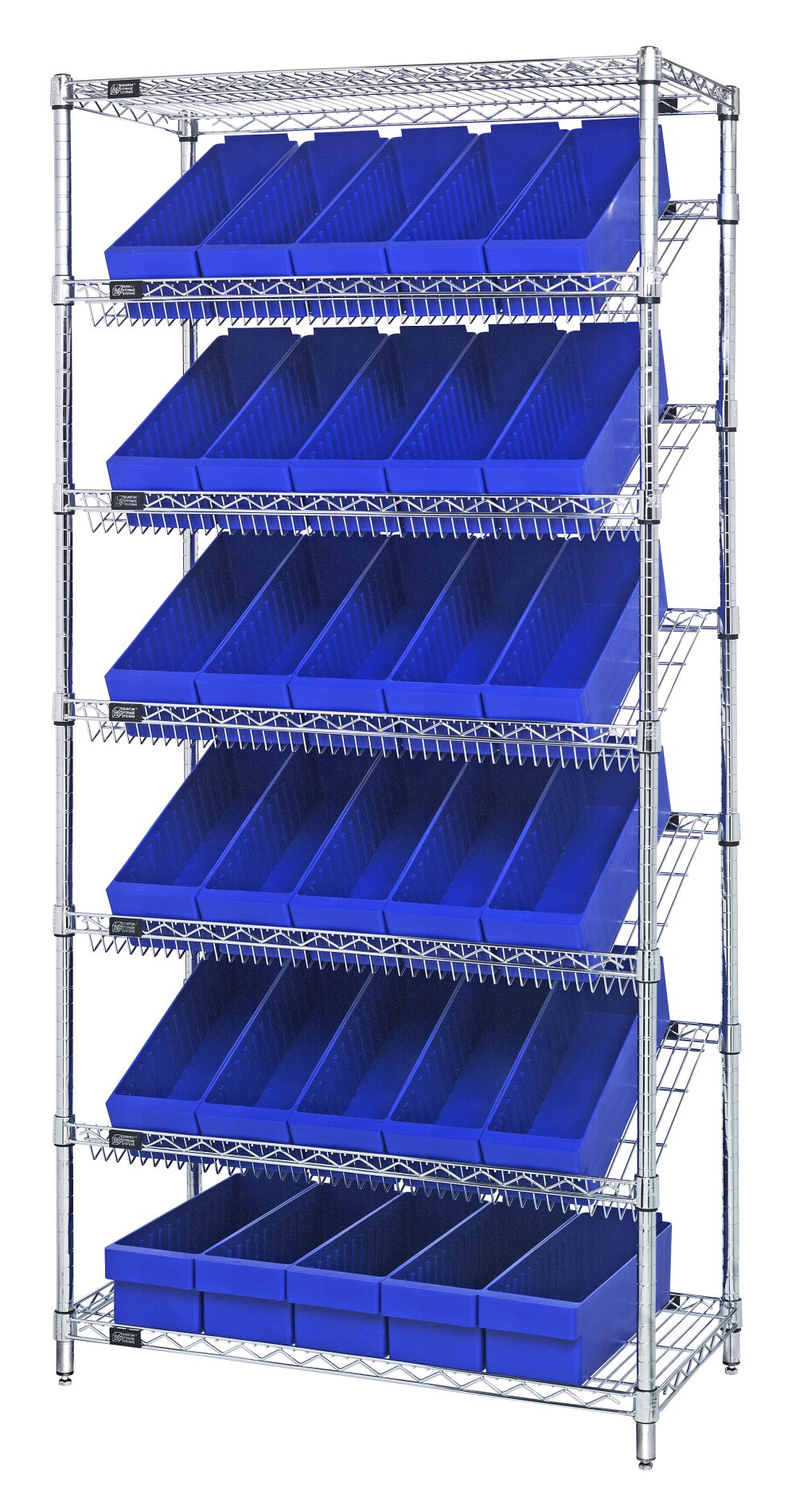Chrome wire bin shelving system with sloped shelves of blue open-front bins