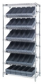 The Quantum Bin Systems Unit is stationary, measuring 36W x 18D x 74H, and features an industrial design with (4) posts, (2) flat wire shelves, and (5) slanted wire shelves. It includes 30 gray bins for organized storage. Chrome plated for dry storage, the unit ships KD.