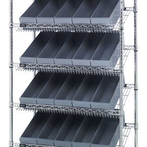 The Quantum Bin Systems Unit is stationary, measuring 36W x 18D x 74H, and features an industrial design with (4) posts, (2) flat wire shelves, and (5) slanted wire shelves. It includes 30 gray bins for organized storage. Chrome plated for dry storage, the unit ships KD.