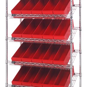 The Quantum Bin Systems Unit measures 36W x 18D x 74H, featuring five slanted and two flat wire shelves, supported by four posts. It includes 30 red bins (17-5/8L x 5-9/16W x 4-5/8H), ideal for efficiently organizing small items or tools in dry storage settings.