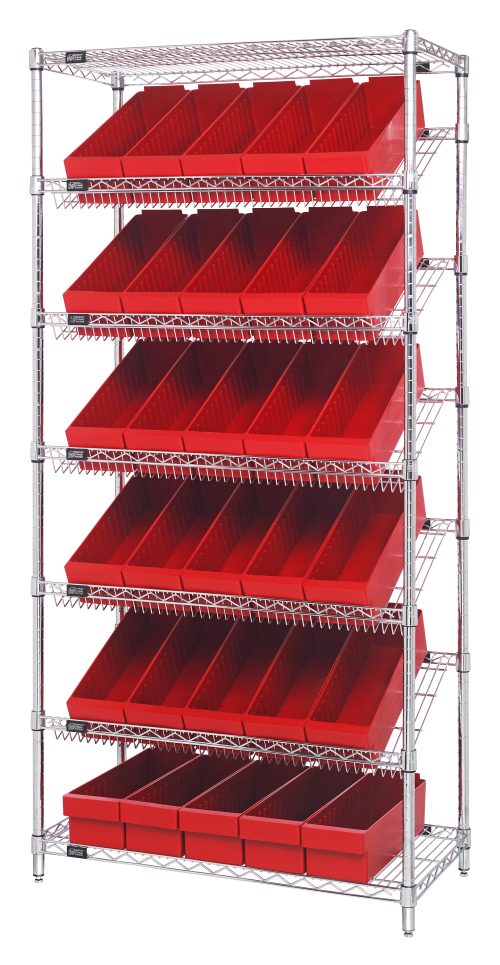 MWRS-7 602 Red The Quantum Bin Systems Unit measures 36W x 18D x 74H, featuring five slanted and two flat wire shelves, supported by four posts. It includes 30 red bins (17-5/8L x 5-9/16W x 4-5/8H), ideal for efficiently organizing small items or tools in dry storage settings.