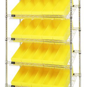 The Quantum Bin Systems Unit, measuring 36W x 18D x 74H, features a chrome-plated finish with four posts, two flat wire shelves, five slanted wire shelves, and thirty yellow bins (17-5/8L x 5-9/16W x 4-5/8H), ideal for efficient organization in dry storage applications.