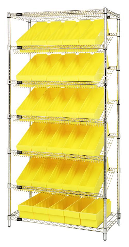 The Quantum Bin Systems Unit, measuring 36W x 18D x 74H, features a chrome-plated finish with four posts, two flat wire shelves, five slanted wire shelves, and thirty yellow bins (17-5/8L x 5-9/16W x 4-5/8H), ideal for efficient organization in dry storage applications.