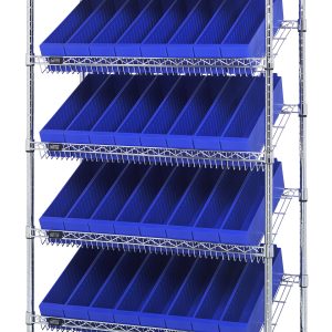 The Quantum Bin Systems Unit is a stationary 36W x 18D x 74H shelving system with chrome finish, featuring (2) flat and (5) slanted wire shelves, along with 48 blue bins for organized dry storage. It includes dividers for easy access and ships knocked down.