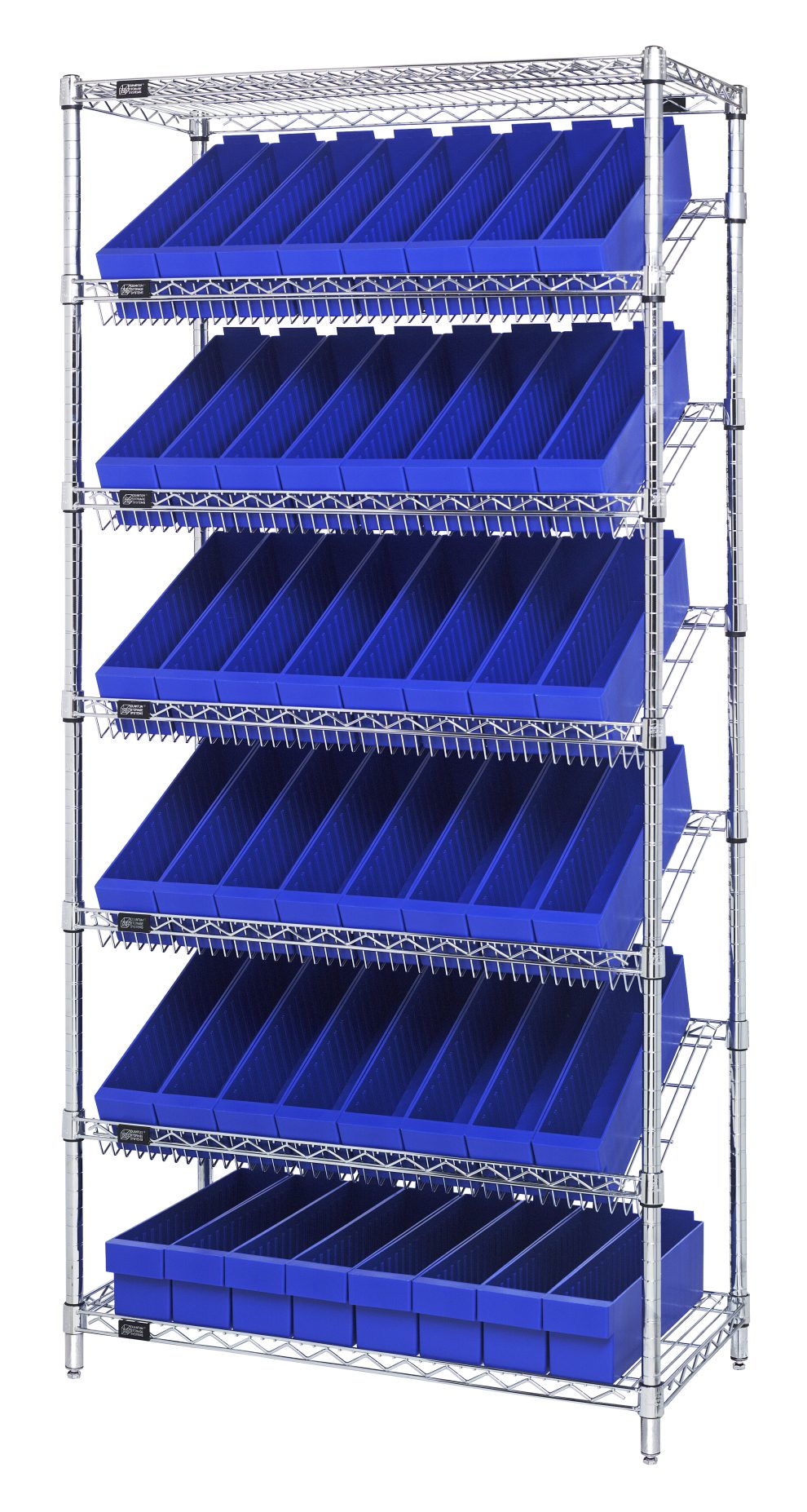 Chrome wire bin shelving system with seven shelves of blue stackable shelf bins