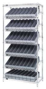 The Quantum Bin Systems Unit is a stationary 36W x 18D x 74H shelving unit featuring (4) posts, (2) flat wire shelves, and (5) slanted wire shelves. It includes (48) gray bins (17-5/8L x 3-3/4W x 4-5/8H, QED604), perfect for easy access in dry storage. Chrome plated finish, shipped KD.