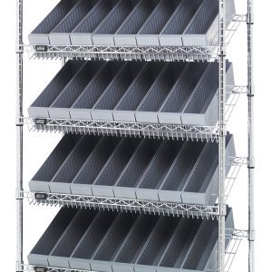 The Quantum Bin Systems Unit is a stationary 36W x 18D x 74H shelving unit featuring (4) posts, (2) flat wire shelves, and (5) slanted wire shelves. It includes (48) gray bins (17-5/8L x 3-3/4W x 4-5/8H, QED604), perfect for easy access in dry storage. Chrome plated finish, shipped KD.