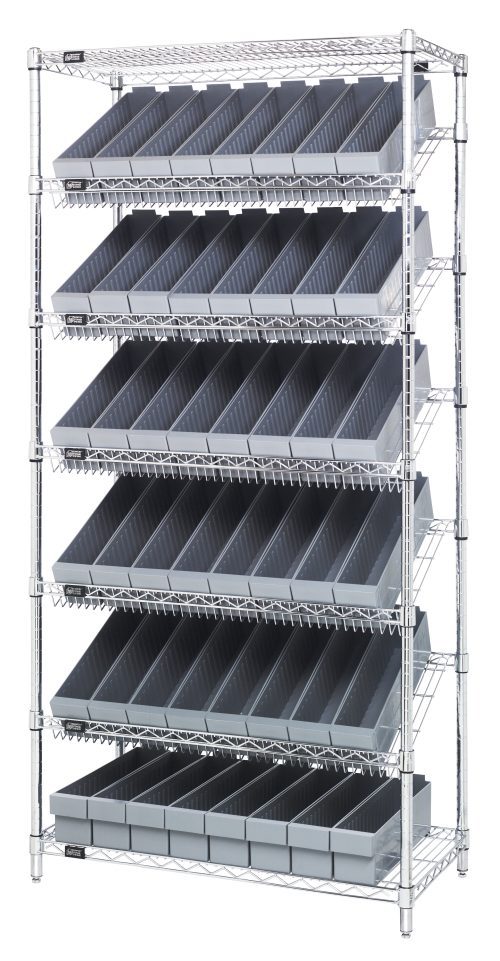 The Quantum Bin Systems Unit is a stationary 36W x 18D x 74H shelving unit featuring (4) posts, (2) flat wire shelves, and (5) slanted wire shelves. It includes (48) gray bins (17-5/8L x 3-3/4W x 4-5/8H, QED604), perfect for easy access in dry storage. Chrome plated finish, shipped KD.