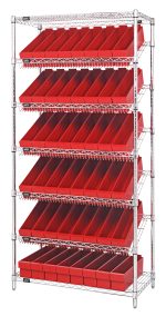 The Quantum Bin Systems Unit is a stationary 36W x 18D x 74H shelving unit with chrome finish, featuring two flat and five slanted wire shelves holding 48 red bins (17-5/8L x 3-3/4W x 4-5/8H), ideal for organizing small items in dry storage.