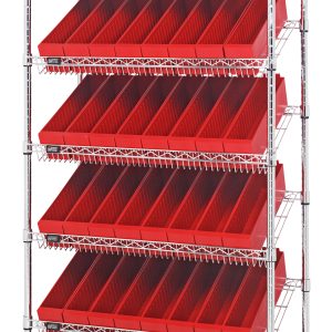 The Quantum Bin Systems Unit is a stationary 36W x 18D x 74H shelving unit with chrome finish, featuring two flat and five slanted wire shelves holding 48 red bins (17-5/8L x 3-3/4W x 4-5/8H), ideal for organizing small items in dry storage.