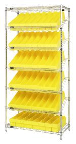 The Quantum Bin Systems Unit is stationary, measuring 36W x 18D x 74H, and includes four posts. It comes with two flat wire shelves, five slanted wire shelves, and 48 yellow bins (17-5/8L x 3-3/4W x 4-5/8H). With a chrome-plated finish, this unit is ideal for dry storage applications.
