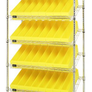 The Quantum Bin Systems Unit is stationary, measuring 36W x 18D x 74H, and includes four posts. It comes with two flat wire shelves, five slanted wire shelves, and 48 yellow bins (17-5/8L x 3-3/4W x 4-5/8H). With a chrome-plated finish, this unit is ideal for dry storage applications.
